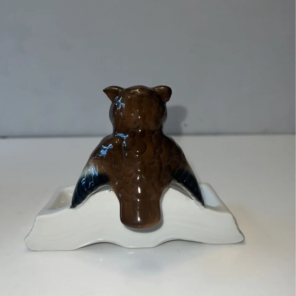 Hand Painted Figurine Porcelain Owl on Book Ring Tray, Germany